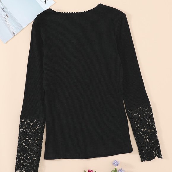 Black Crochet Lace Hem Sleeve Button Top - Picture 5 of 14
